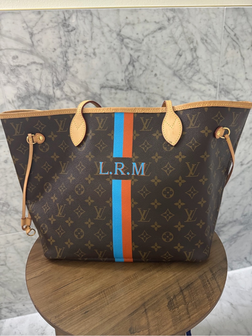 Louis Vuitton Monogram Tote with Blue & Orange Center Stripes
